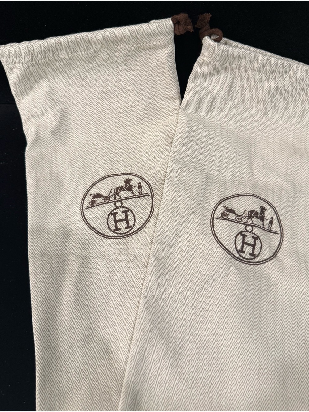 Hermes Authentic Cream Herringbone Drawstring Shoe Dust Bag Pair with Brown Logo